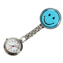 Smile Face Nurse Table Pocket Watch with Clip Brooch Chain Quartz Blue