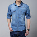 2016 Fashion Men Jean Shirts Long Sleeve Blue Denim Shirt Mens Casual Dress Male High Quality