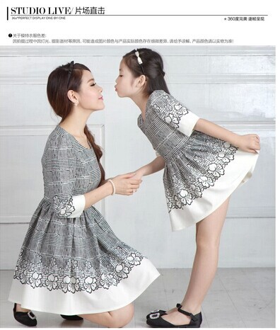 Mother And Daughter Vintage Dress Cotton-Chiffon Patchwork Slim Princess Family Dot Dress