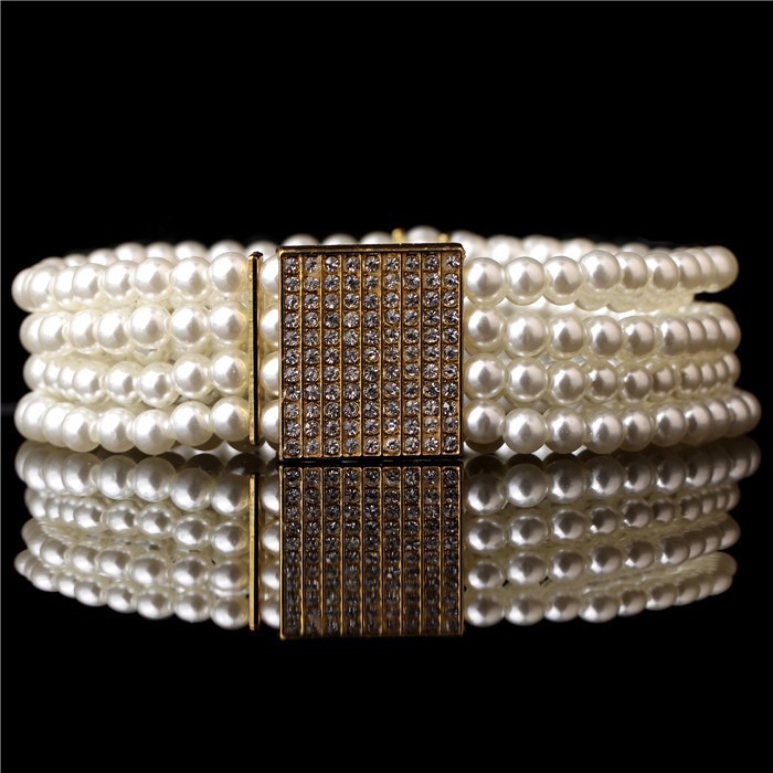 WomenS Small Gold Buckle Inlaying Rhinestone Pearl Elastic Belt Strap