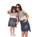 2016 mother daughter matching dresses summer style mommy and me clothes women grey white blue denim