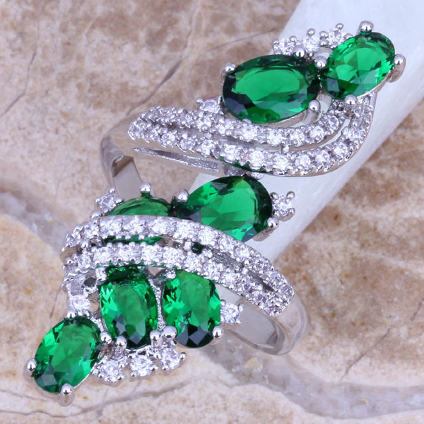 Attractive Green Emerald White Topaz 925 Sterling Silver Overlay Ring For Women Size 5 6 7
