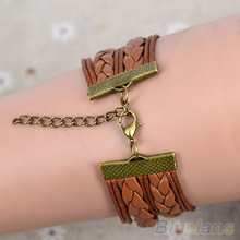 Hot Fashion Female Girl Women Vintage Butterfly Decoration Bracelet Faux Leather Weave Bangle Wristband 0SDN