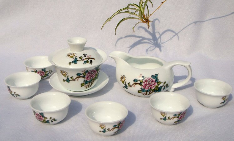 10pcs smart China Tea Set Pottery Teaset Peony A3TM01 Free Shipping
