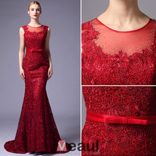 Burgundy Evening Dresses 2016 Elegant Lace Mermaid Prom Dresses Sheer Neck Sheer Back Floor Length Sash Party Dresses 641717