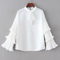 Women Spring White Chiffon Blouses Vintage Long Tiered Flare Sleeved Neck Draw String Pullover Tops Chiffon