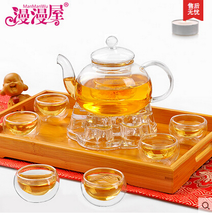 600ML heat resistant glass tea set kettle tea set including 6 double wall cups warmer 5