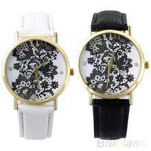 Women s Fashion Round Lace Printed Faux Leather Quartz Analog Dress Wrist Watch 2L5A