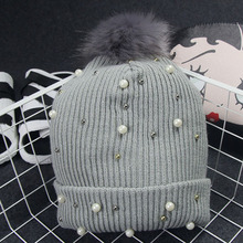 Fashion Rabbit Fur Ball Women Hat With Pearls Rivets Novelty Warm 2015 Autumn Winter Cap Ladies Knitted Wool Beanie Bonnet M0576