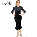 New Dress 2016 Autumn Woman Elegant Leave Fishtail Girl Three Quarter Simple Style Black Slim Fit