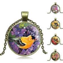 Vintage Jewelry Birds Art Picture Glass Pendant Necklace Ancient bronze Flower Accessories Chain Necklace for Women men S0636