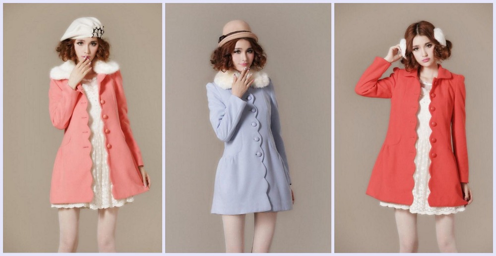 red/pink/light blue women's wool pea coat jacket winter sweet cute