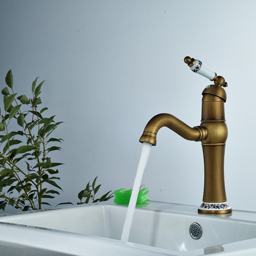 Antique Brass Basin Faucet Bathroom Vessel Sink Tap Deck Mounted Single Lever
