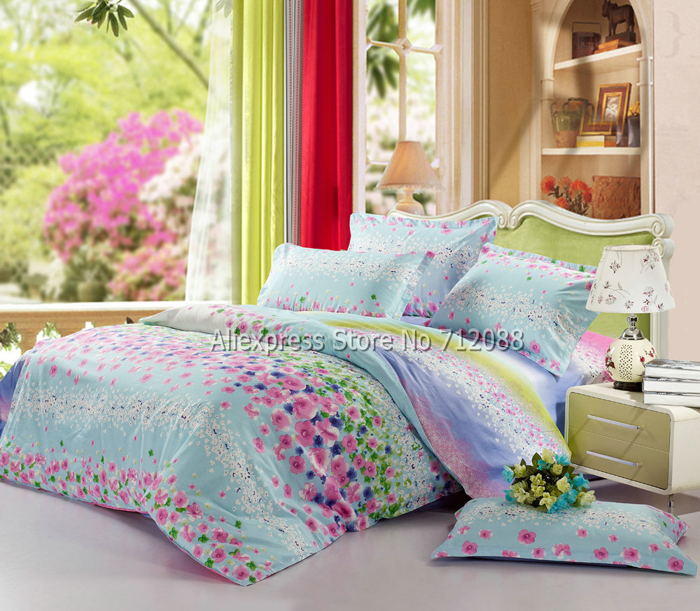cute blue pink green flower floral 100 cotton blue bedding sets bedlinen 4pcs for queen/full