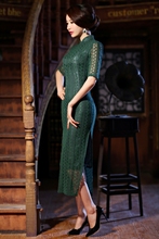 free shipping Dark green sexy slim Chinese Women’s lace Cheongsam Qipao long Evening Dress TZM–12012