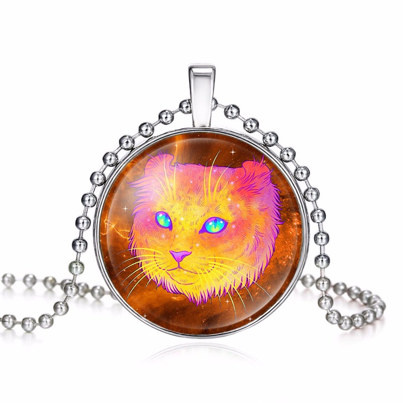 Hot Sale Colorful Cat Head Glass Pendant Necklace For Women Silver Plated Wholesale Drop Shipping Cat Necklace Jewelry 620148