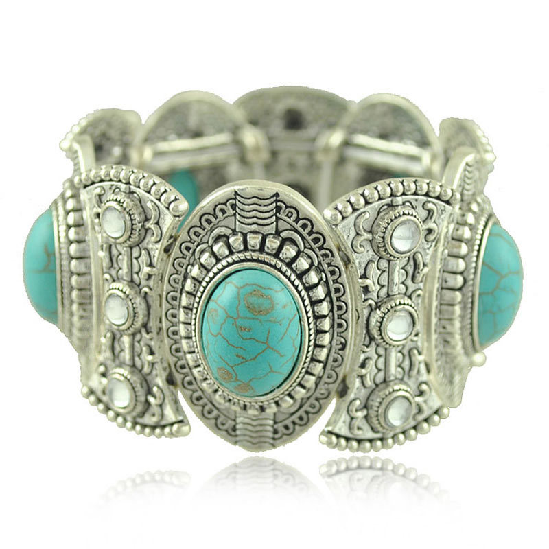 2014 New Trendy Tibetan Silver Jewelry Metal Carving Turquoise Crystal Wide Bangles & Bracelets For Women Dress Gifts