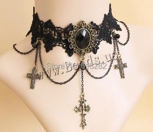 Free shipping!!!Gothic Necklace,wedding jewellery, Lace, with brass chain & Crystal & Resin & Zinc Alloy