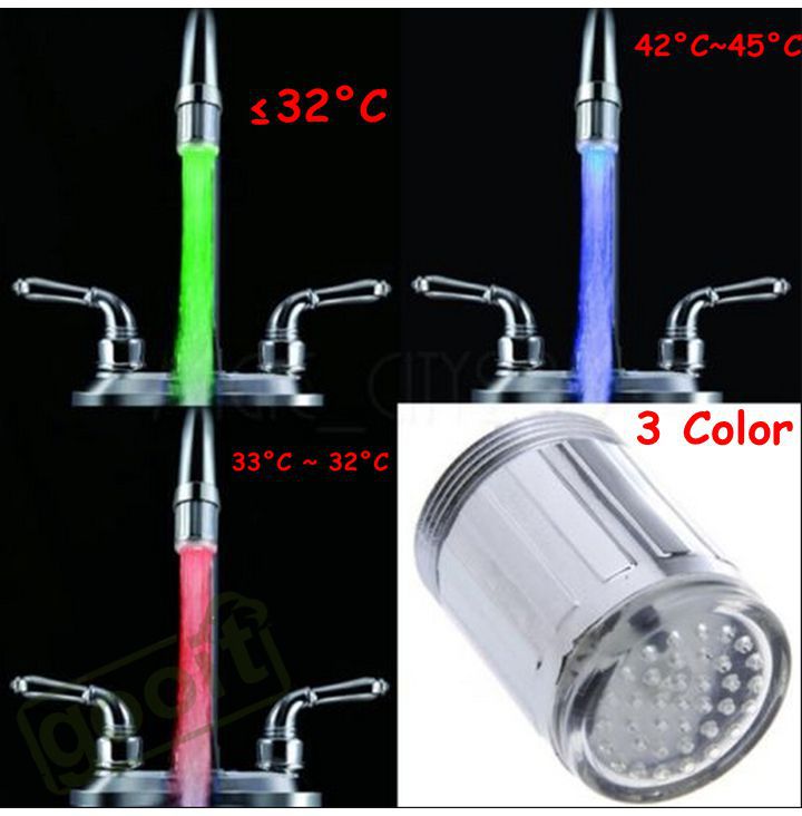 Free Shipping 1 Piece Temperature Sensor 3 Color Water Tap Faucet RGB Glow Shower Colorful LED Light lamp with adapter