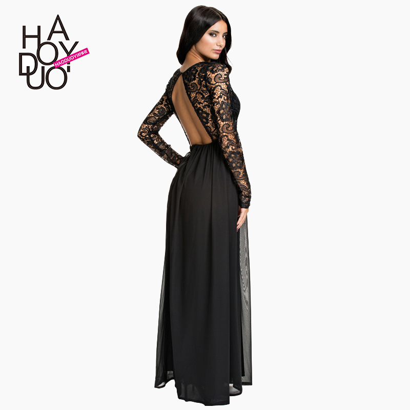 2015 spring and summer sexy black lace crochet tube top cutout floor length dress backless red chiffon long sleeve maxi dress
