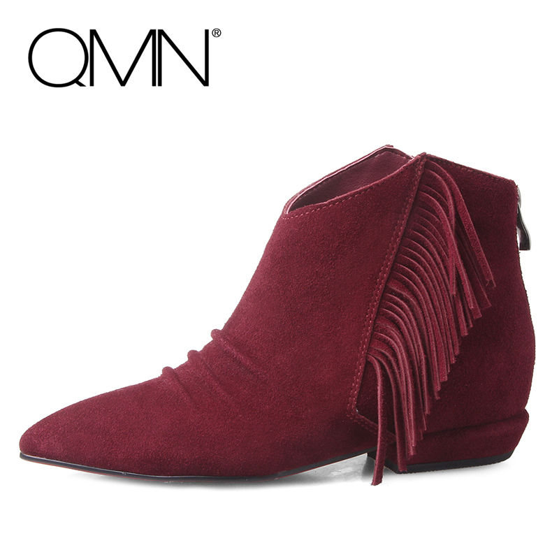 Фотография QMN genuine leather women ankle boots Women Winter Boots Tassel Shoes Woman Booties Botas Size Burgundy/Black Size 34-43