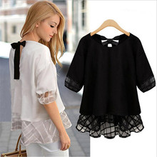 Fashion Summer Chiffon Blouses Women Tops 2016 Half Sleeve Bow Back Black White Shirts Blusas Plus Size XXL Loose Casual Blouse
