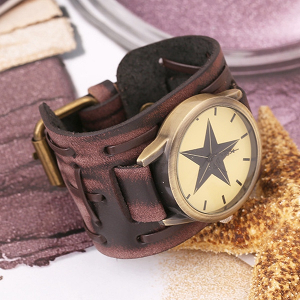 8 25 Promotion Creative Fashion Star Watch Retro Punk Rock Brown Big Wide Leather Bracelet Cuff