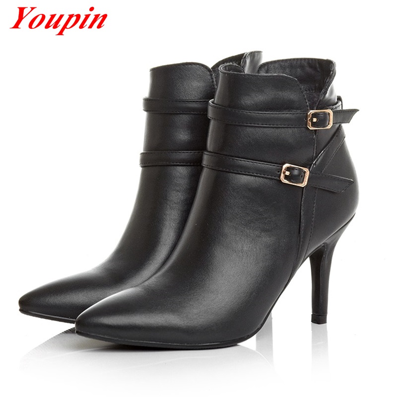 shoes woman boots 2016 Latest autumn winter Pointed Toe duantong black boots belt buckle Warm short plush Comfort Leisure Boots