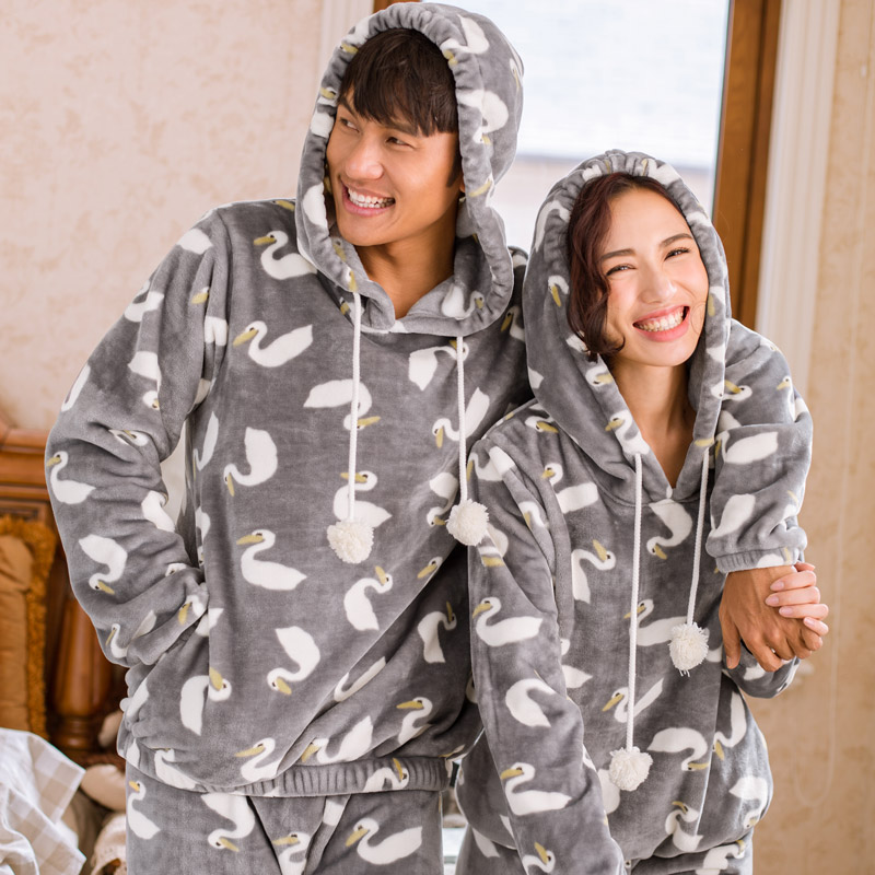 Winter song Riel hooded flannel pajamas cute cartoon men and women couple home service package love
