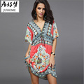summer v neck short sleeve Beach Bohemian Dress Floral Print short Dress Ice Silk Dresses satin