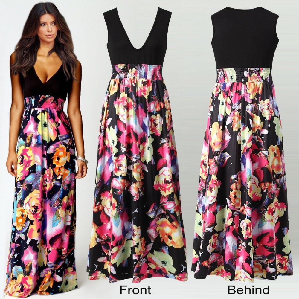Women Maxi Dress Summer Dress 2015 Deep V-neck Sleeveless Floral Printed Dress Princess Dresses robe longue femme (7)