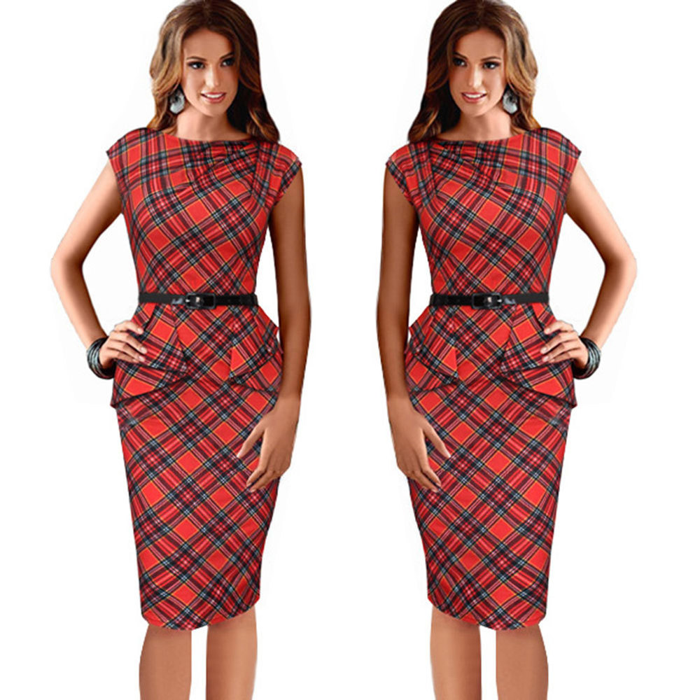 Summer Lady Vintage font b Tartan b font Red New Fitted Dress O Neck Sleeveless Belt