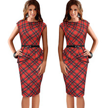 Summer Lady Vintage Tartan Red New Fitted Dress O-Neck Sleeveless Belt Peplum Casual Zipper Pencil Dress With Belt