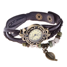 2015 New Hot Sale Original High Quality Women Genuine Leather Vintage Watches Bracelet Wristwatches Leaf Pendant