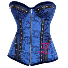 Body Shaping Women Ladies Floral Pattern Spiral Bone Skeleton Blue Overbust Zipper Gothic Corset Steampunk Corsage With Rivets