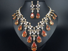 2016 fashion luxury romantic retro champagne water droplet zircon necklace earring set,wedding bride dinner party dress jewelry