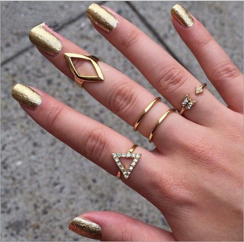 Fashion Punk Finger Ring Gold And Silver Plated Crystal Geometric Prismatic Triangle Knuckle Phalange Midi Ring