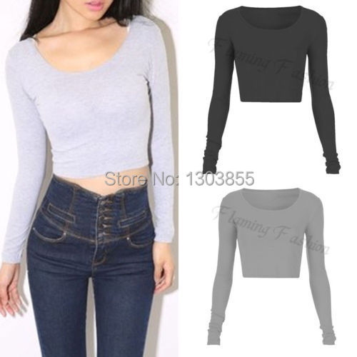 Fashion Sexy Womens Ladies Slim Long Sleeve Crop Top Crew Neck T Shirt Blouse 7Colors