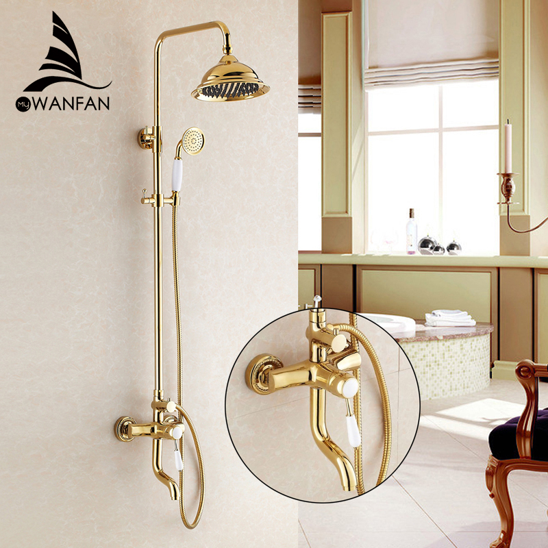 Free shipping Hot Luxury Antique100% Brass Copper RainFall Shower Faucet Set plating Palace Royal householdWall MountedHJ3007K