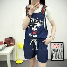 2016 New Free Shipping Womens Jeans Jumpsuit Girls Romper Denim Mouse Printed Shorts Overalls Casual Girls Pants Jeans