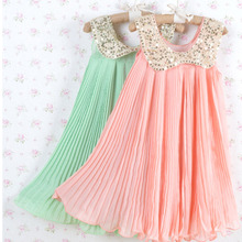2016 Summer Kids Girls Pleated Chiffon Princess Dress with Paillette Collar Baby Girl Evening Party Dresses Children Colthes