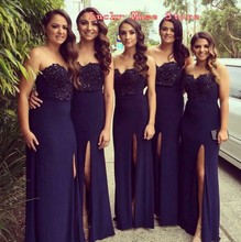2016 Elegant Long Mermaid Bridesmaid Dresses With Appliques Side Split Satin Open Back Sweetheart Ladies Party Formal Gowns