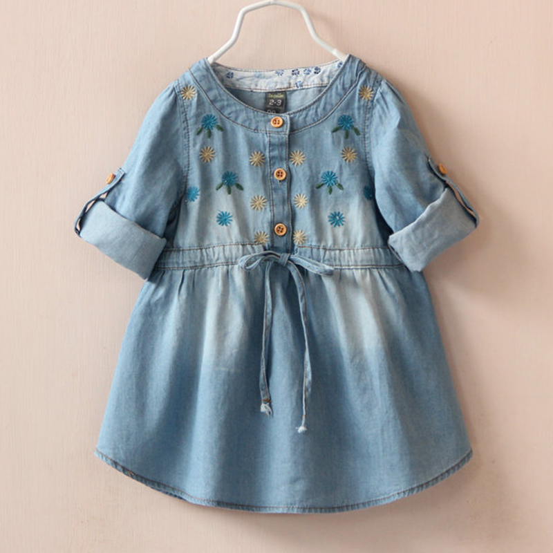 High quality kids jean dresses for girls o neck sash girls dress vestido infantil menina infant clothing roupas infantis menina