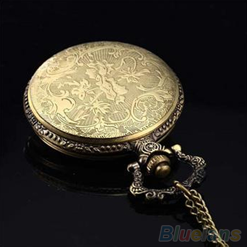 Retro Vintage Unique Bronze Quartz Pendant Chain Necklace Clock Pocket Watch 1K3O