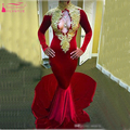 Evening Dress Arabic Elegant Prom Party Dress High Neck full sleeve Sexy Evening Gowns Mermaid Red