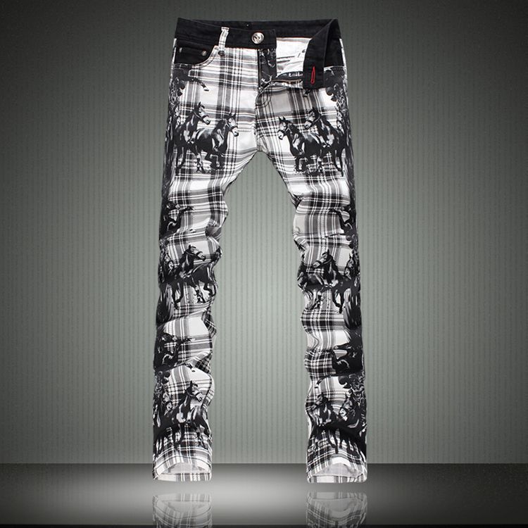 Фотография  Plaid print jeans male slim elastic male flower pants jeans trousers made in china jeans trousers mens famous clothing brand