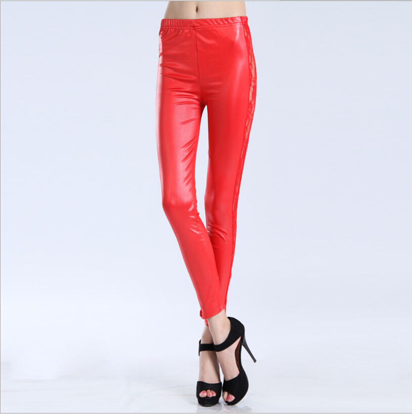 New Spring Summer Leggings High Elastic Trousers Pants Leggings Imitation Leather Side Hollow Out Rose Lace