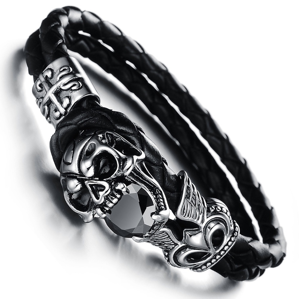 Wholesale NEW Fashion jewelry Skull Stainless Steel Black Japan Kito Genuine leather Personality Men Bracelet male