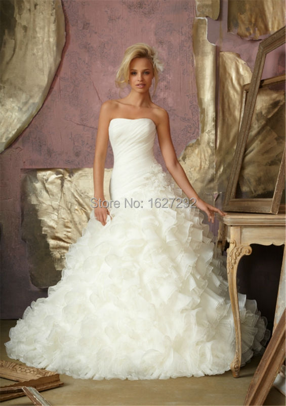 Vestido De Noiva 2015 Custom Made Elegant Pleat Ruffles Strapless Organza Wedding Dress Vestido De Casamento