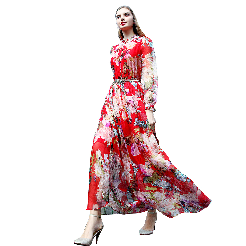 Women Elegant Floral Summer Dresses 2016 Spring New Plus Size Long Sleeve 100% Silk Red Print Maxi Vestidos Femininos 2054
